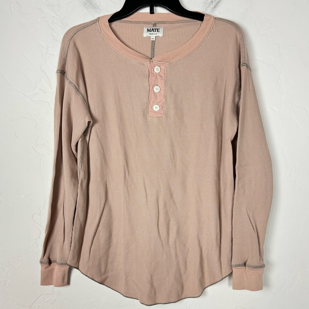 Mate The Label Henley Top Knit Shirt Tee Thermal Waffle Light Pink Button Down